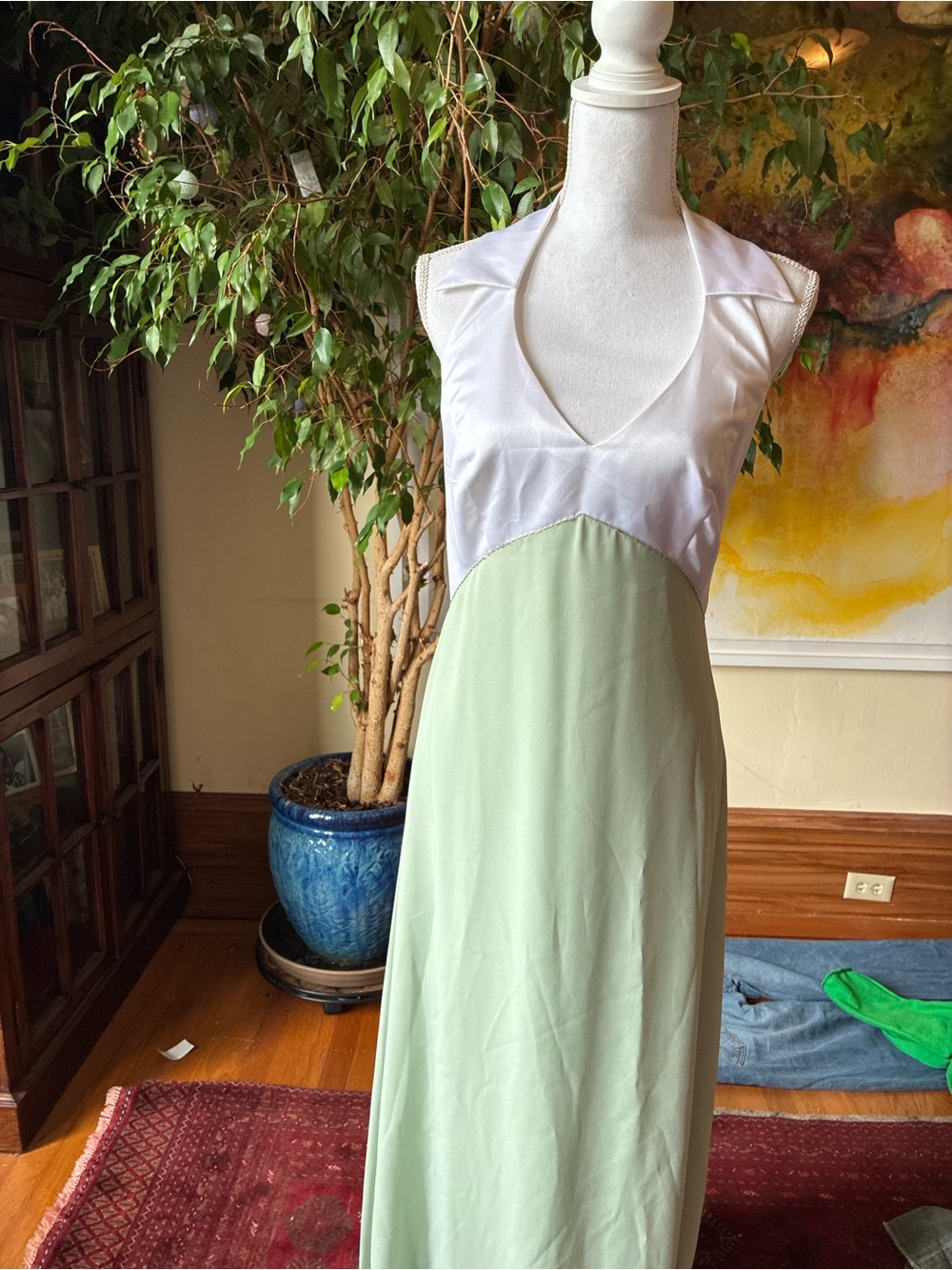 Alfred Angelo Style 6441 Halter Maxi Bridesmaid Dress White Sage Green Size 10